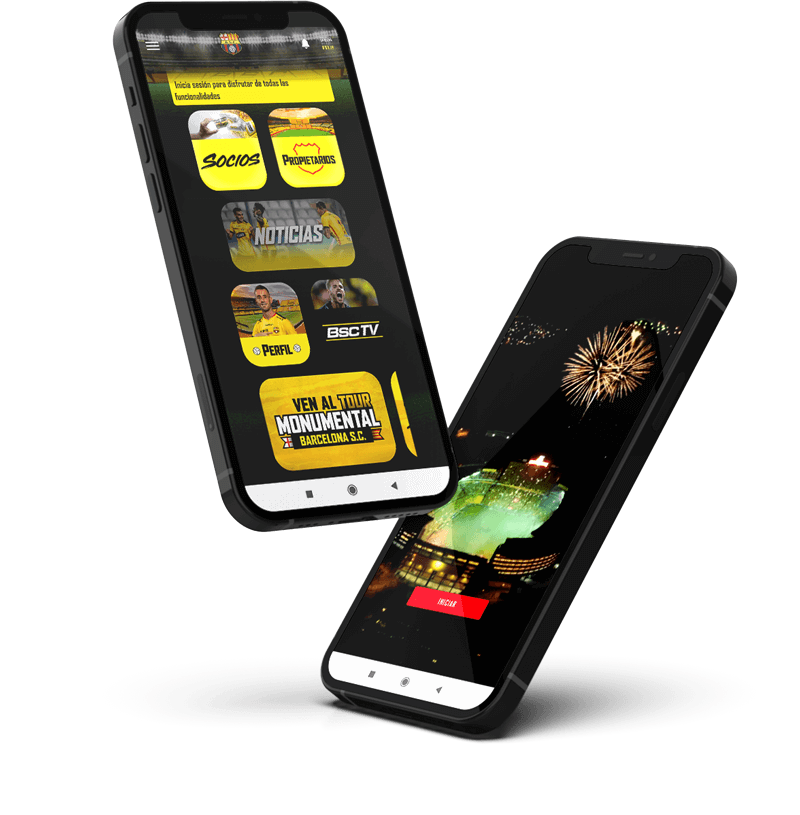Dos smartphones inclinados, cara a cara, con al aplicación de Barcelona Sporting Club abierta