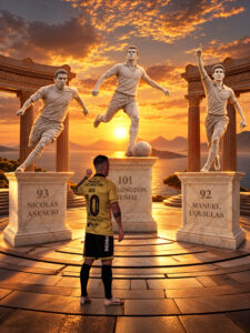 Montaje de Damián Díaz frente a estatuas de Washington Muñoz, Nicolás Asencio y Manuel Uquillas, con sus registros goleadores.