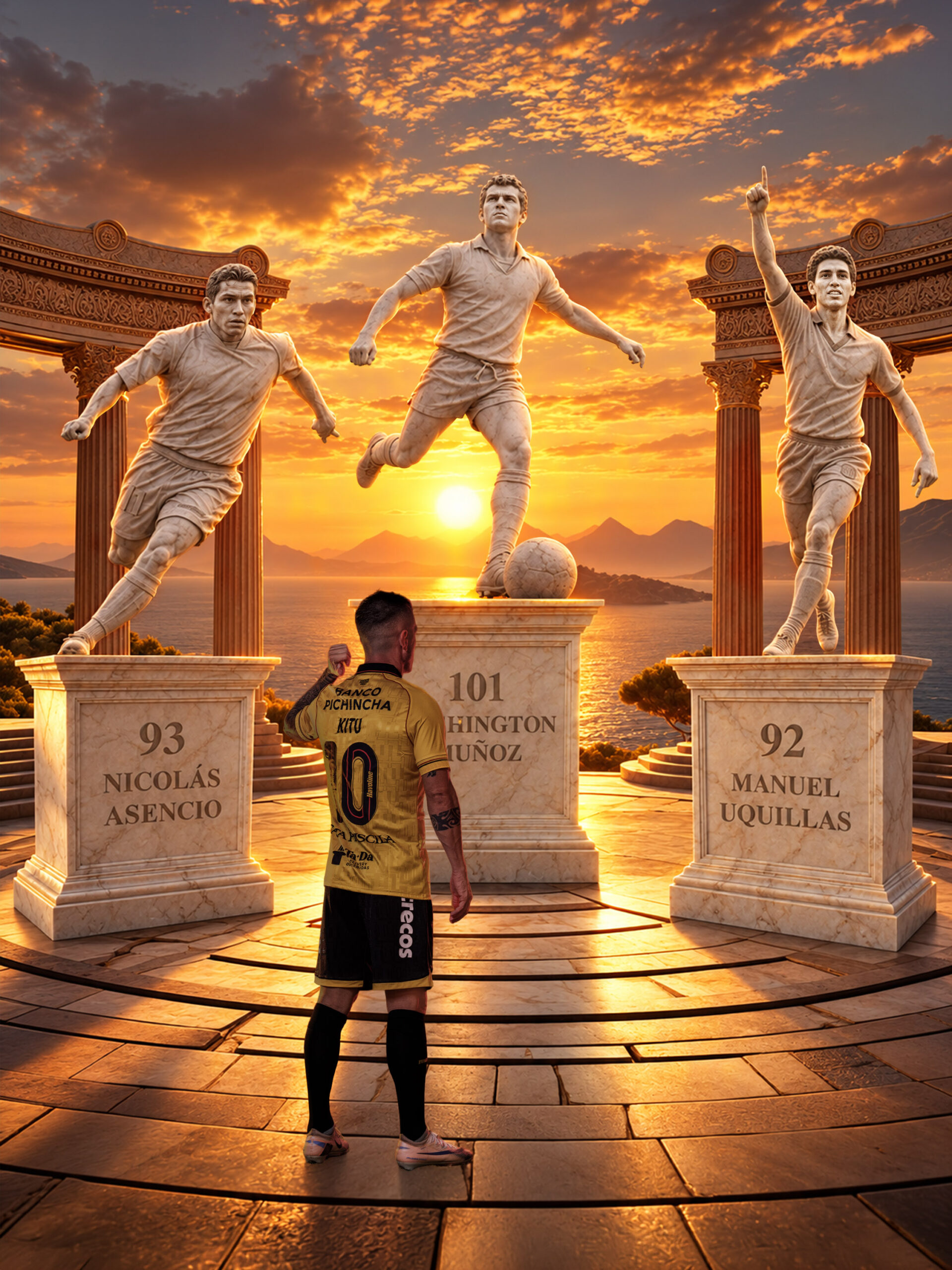 Montaje de Damián Díaz frente a estatuas de Washington Muñoz, Nicolás Asencio y Manuel Uquillas, con sus registros goleadores.